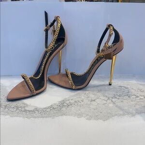 Tom Ford Gold and Tan Chain Detail Heels